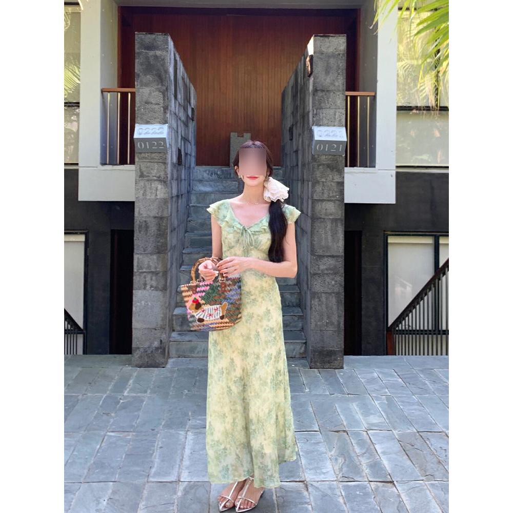 

Новое летнее красивое зеленое платье с цветочным принтом для девочек Детское платье Xia Xiaofei с рукавами и завышенной талией XL- (recommended 110-60kg)