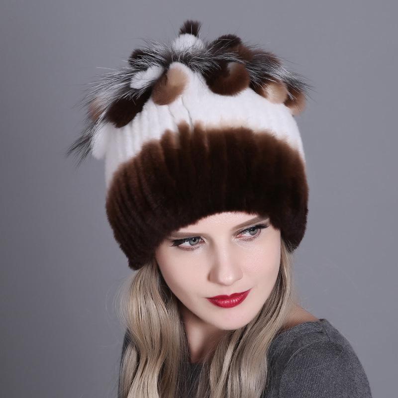 Colorful Rex Rabbit Fur Knitted Women's Warm Winter Hat