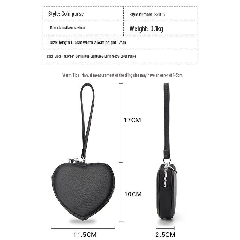 Genuine Leather Heart-Shaped Coin Purse for Women - Cute Korean Style Handheld Wallet for Coins, Lipstick, & Earphones.