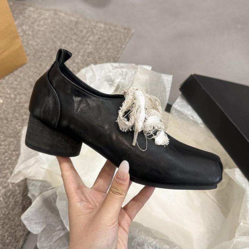 Fashion Women's Thick Heel Shoes Spring New Square Head Deep Mouth Front Lacing Anti-slip Wear-resistant Low-top Shoes