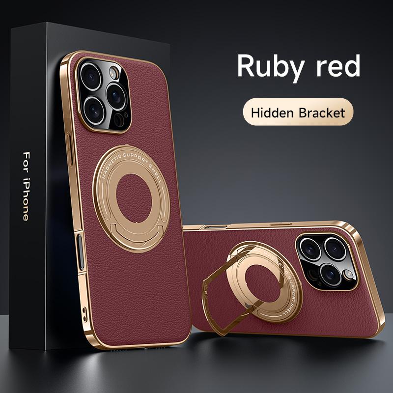 Luxury Magnetic Leatherette Bracket Phone Case For IPhone 16 15 14 13 Pro Max Magsafe Wireless Charging Hidden Stand Back Cover