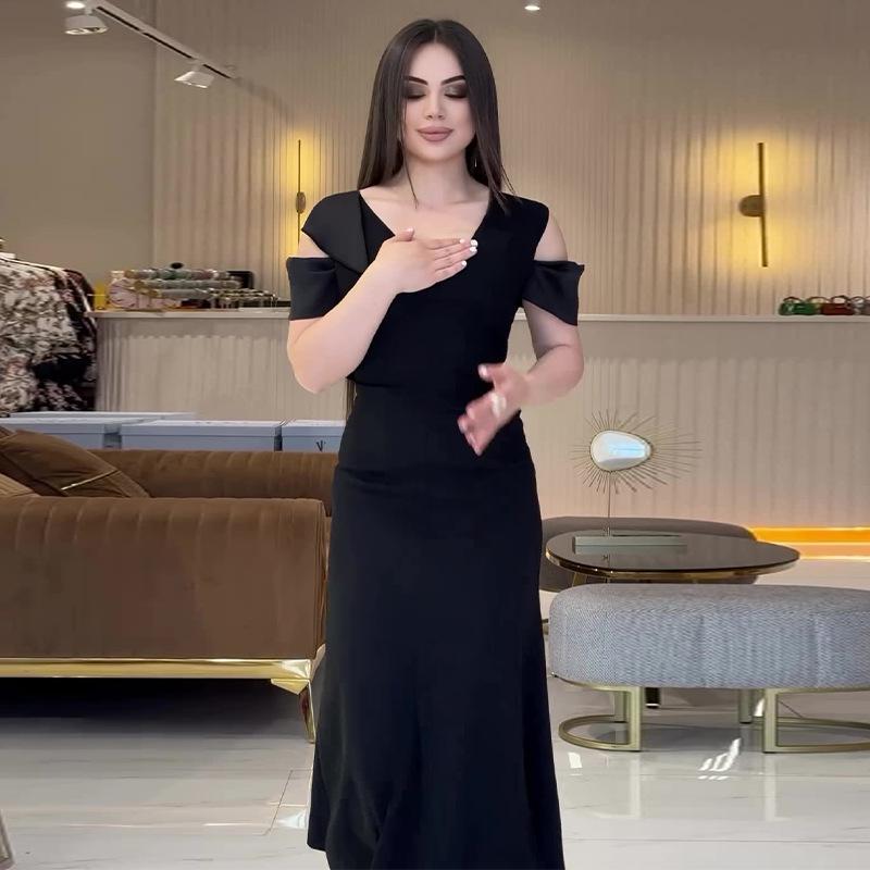 2024 Summer European & American Women's Solid Color Off-Shoulder A-Line Dress with Round Neck