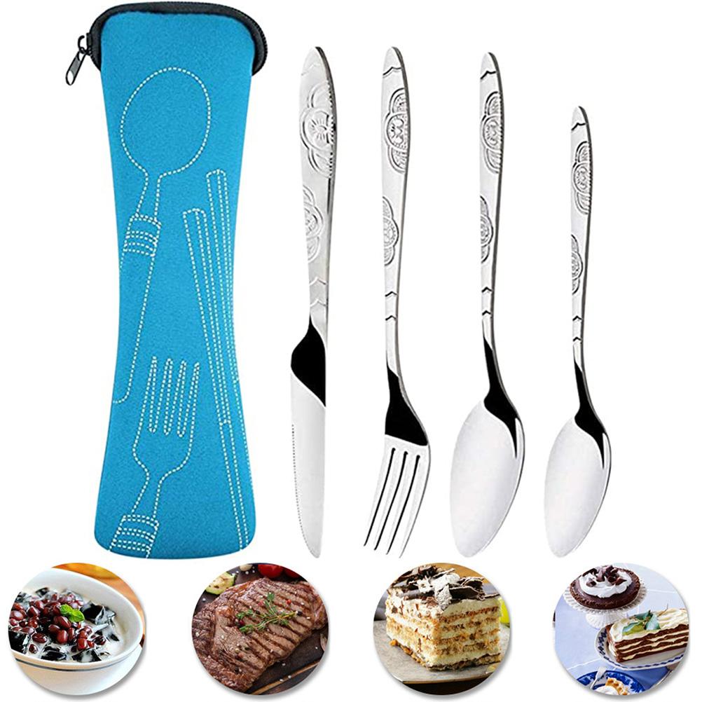 4PCS Cutlery Set Stainless Steel Cutlery for Cutter Fork Spoon Surface Carved Portable Lightweight