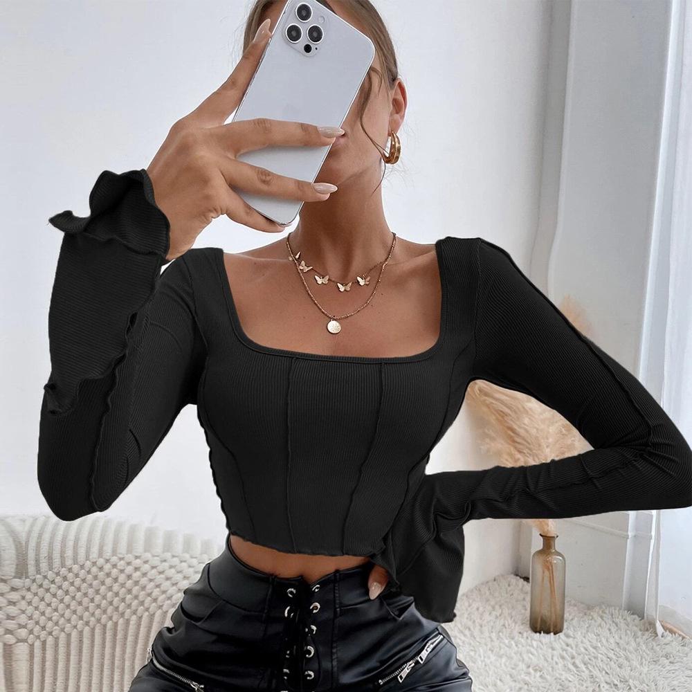 2024 Spring/Summer Women's Slim-Fit Long-Sleeve Square-Neck Pullover Knitted Top