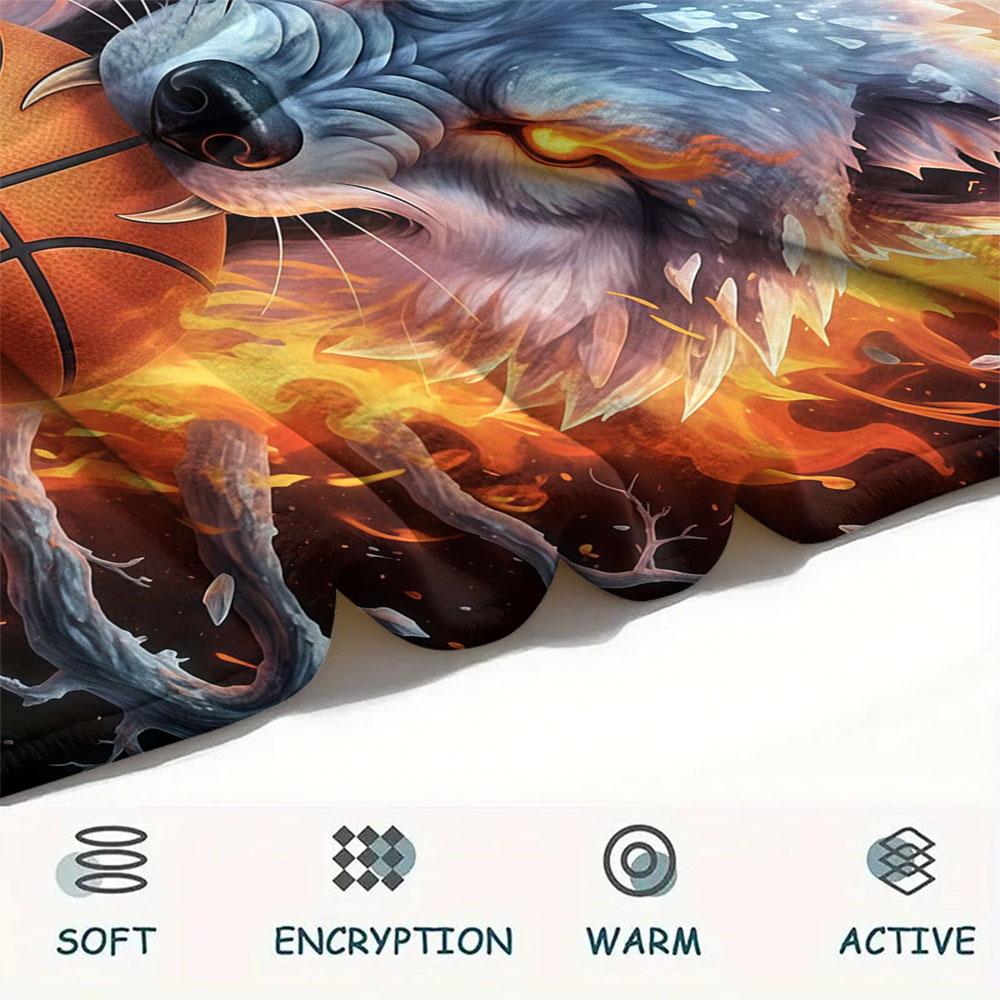 1Pc IceFireWolf Print Flannel Blanket, High Quality Comfortable for All Seasons, Home Decor, Warmth and Comfort, Perfect for Christmas Gifts