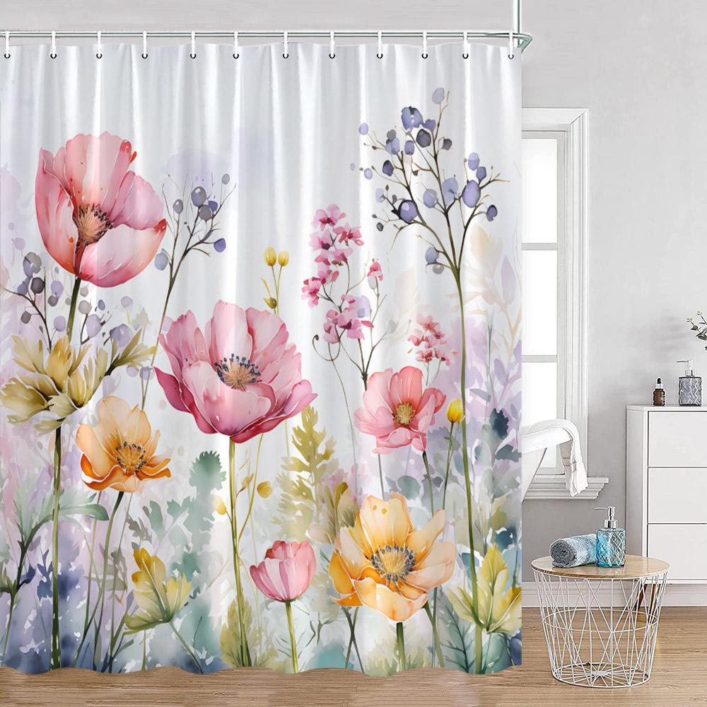 Watercolor Flowers Shower Curtains Colorful Flower Green Plants Botanical Bathroom Decorations Modern Aesthetic Bath Curtains