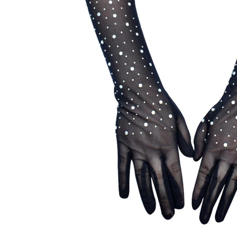 Women Lace Long Gloves with Rhinestones Drilling for Halloween and Prom Event Evening Party 1920S Flapper Costume Gloves