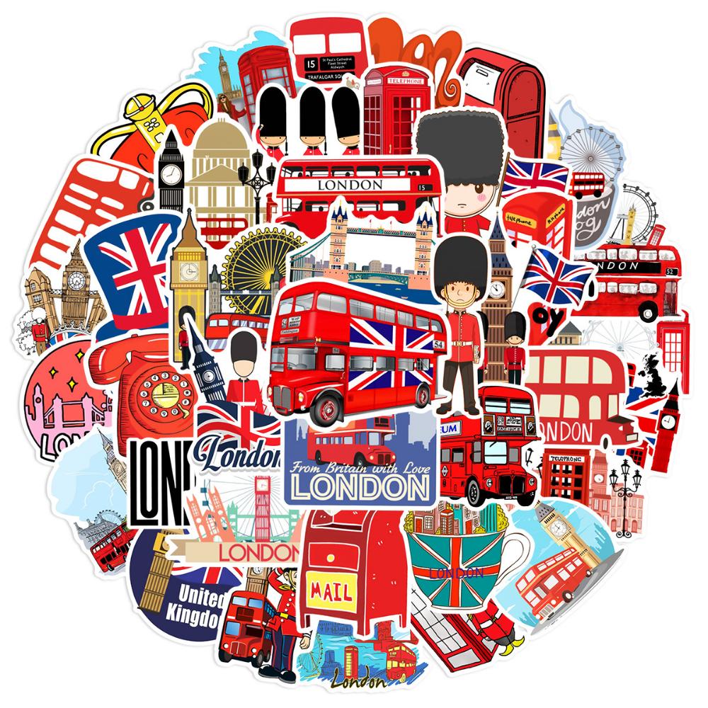 10/50 Pezzi Adesivi Stile Britannico Classico per Laptop Bagagli Adesivo Autobus Rosso Cabina Telefonica Londra Inghilterra Giocattoli Decorativi Rossi Vendita all'Ingrosso