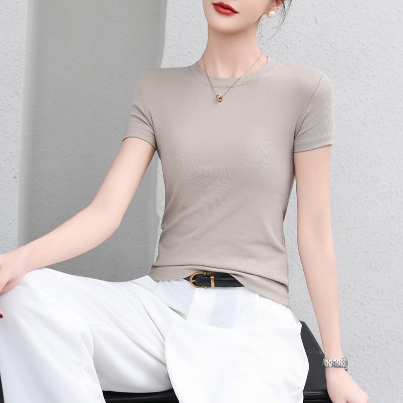 Women's Slimming Round Neck Short Sleeve T-shirt - Versatile, Breathable Solid Color for Spring/Summer