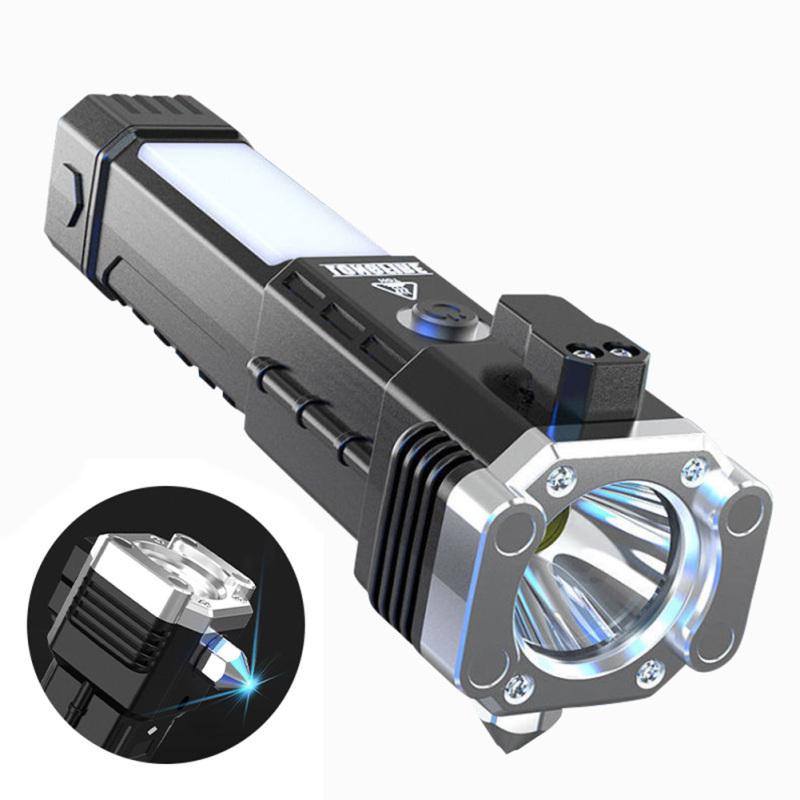 Flashlight Usb Rechargeable Torch Light With Hammer Knife Power Bank Cob Led Work Light For Outdoor