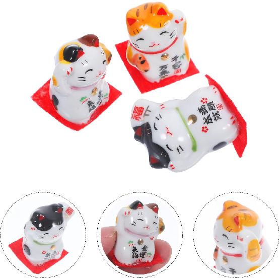 Wakauto 3 Pcs 1" Lucky Cat Statue Japanese Maneki Neko Waving Cats Ceramic Figurines Feng Shui Miniature Animal Statue Decoration for Shop, Home, Car