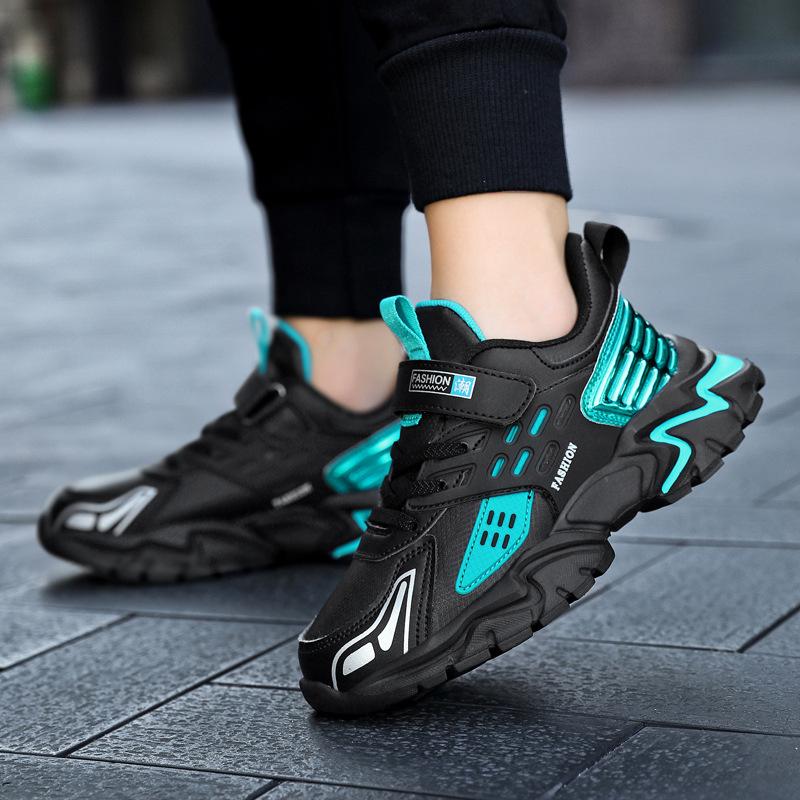 Fashion boys' new four-season sports shoes leather mesh velvet non-slip and wear-resistant casual sports shoes