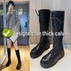 Women's Black Leather Thigh-High Lace-Up Platform Boots - Over-the-Knee, Height-Enhancing, Riding Martin Style