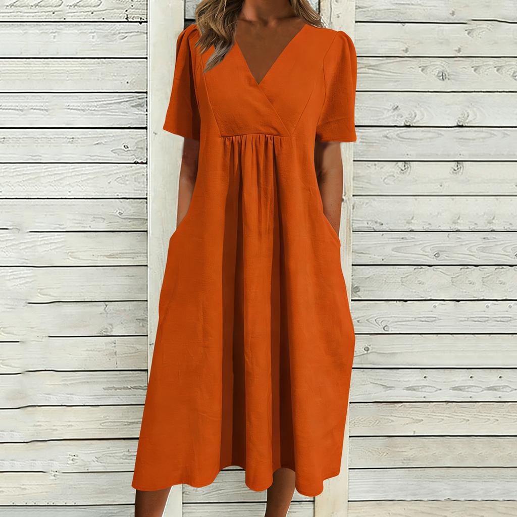 Women's Fashionable Loose-Fit V-Neck Short-Sleeve Casual Cotton-Linen Blend Dress