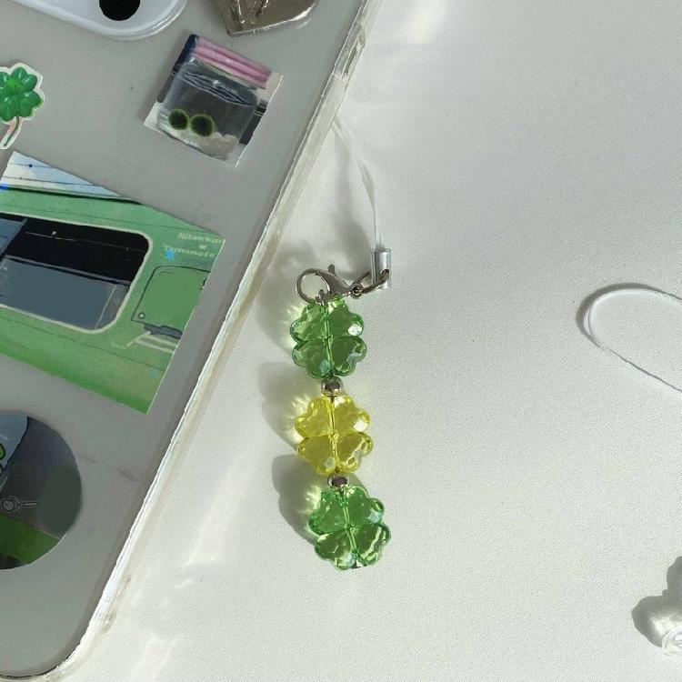 Fashion Beaded Phone Charm Lanyard for Women Girls Crystal Four Leaf Clovers Keyring Stylish Keychain Bag Purse Pendant