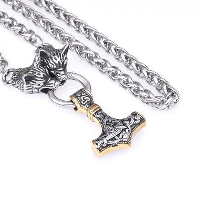 Collar de acero inoxidable para hombre con colgante de martillo de Thor y cabeza de lobo vikingo de acero inoxidable