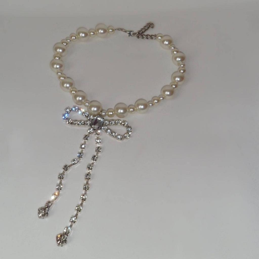 European and American imitation pearl necklace female personality sweet cool diamond fringed bow choker advanced sense collarbone chain