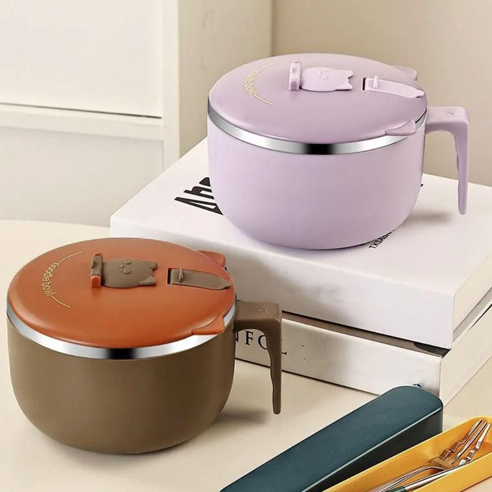 Japanese-style Student Instant Noodle Bowl 304 Stainless Steel 1300 ML Ramen Bowl Handle with Lid Food Serving Bowl School