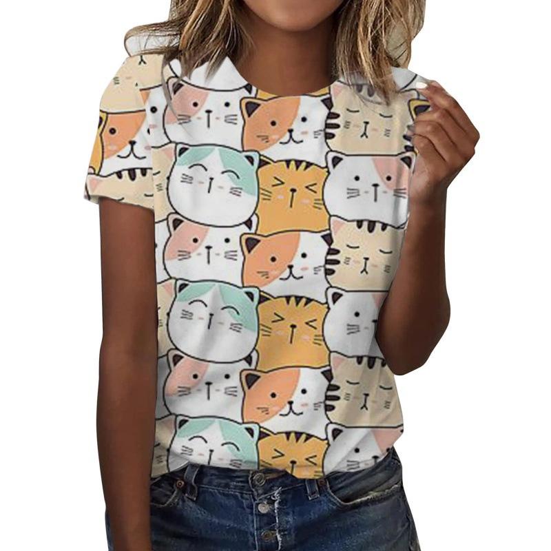 New Cute Cat T-shirt Animal Cat 3D Printed Women's Summer Round Neck Short sleeved T-shirt Harajuku T-shirt Women's Clothing