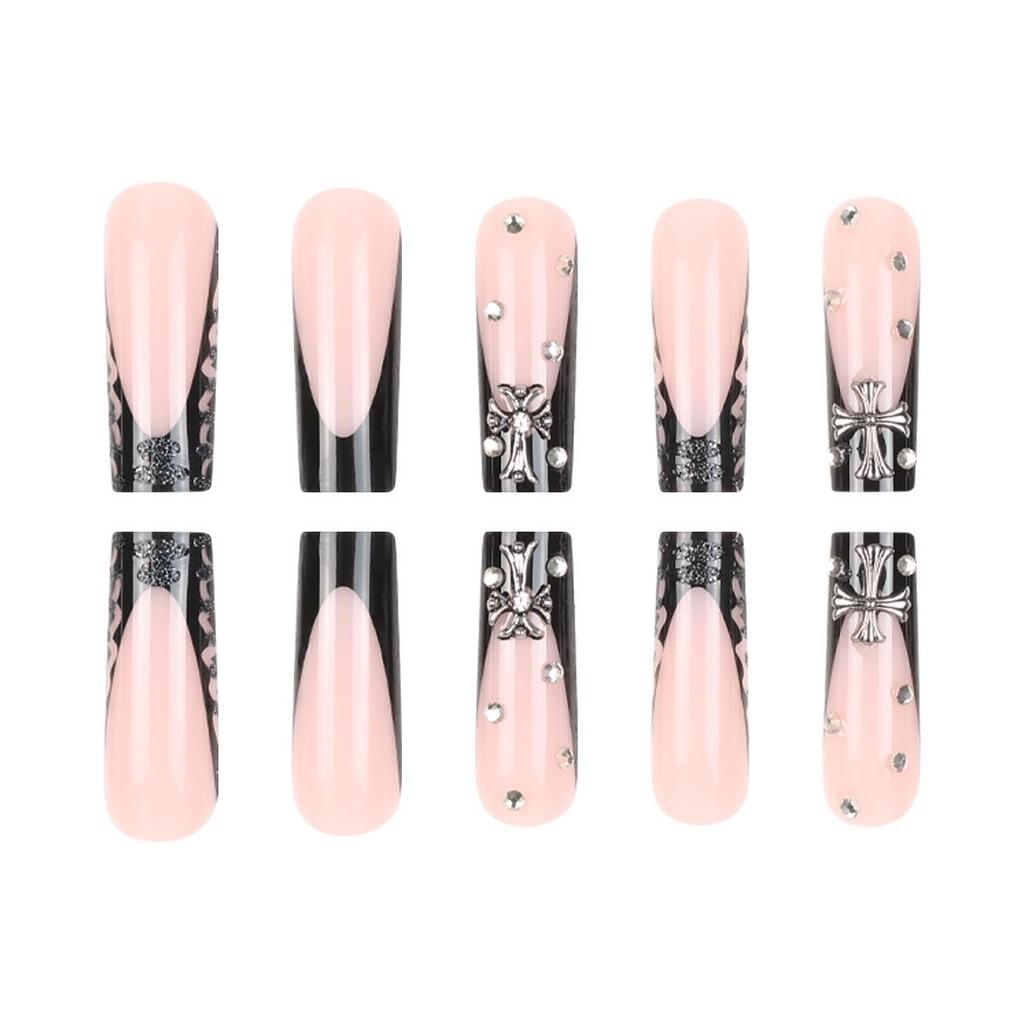 Black French Hollow Press-On Nails with Rhinestones - 24-Piece Set