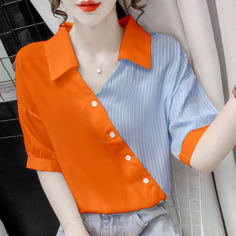 Striped Shirt Women Contrast Color Casual Blouse Female Lapel Shorts Sleeve Chic Shirts Ladies Fashion Loose Office Shirt