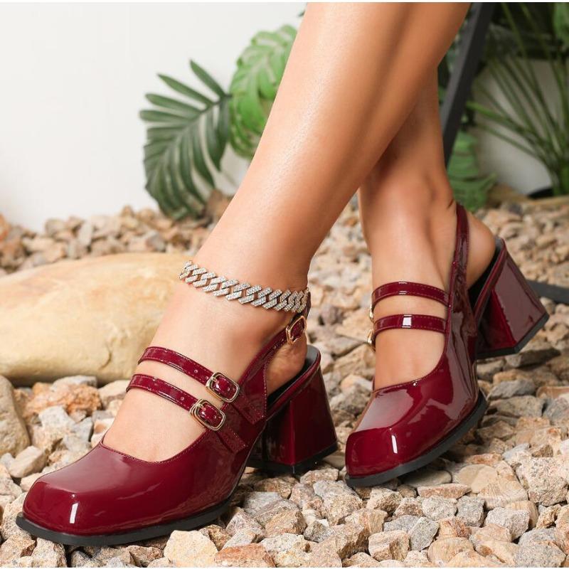 Size36-45 Women Slingback Chunky Heel Comfort Square Toe Pumps Mary Jane Baotou Women Sandals Summer Thick Heels High Heel Shoes