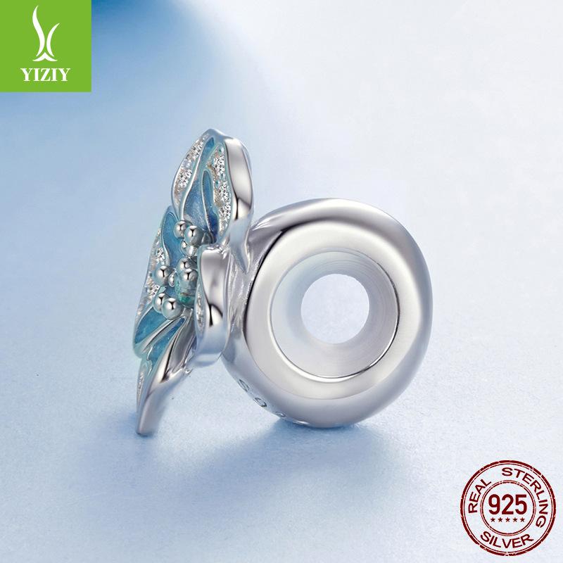 Argint Sterling S925 Mărgele de Poziționare din Silicon cu Floare Albastră, Accesorii pentru Brățară cu Mărgele DIY Floare de Primăvară