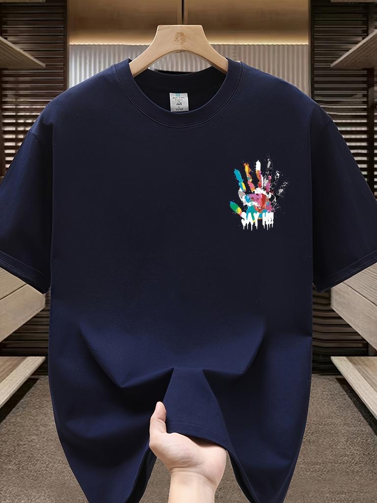 Men's Summer 100 Cotton Fashionable Casual Sports Loose Large Size Color Handprint Round Neck Short Sleeve T-shirt Top