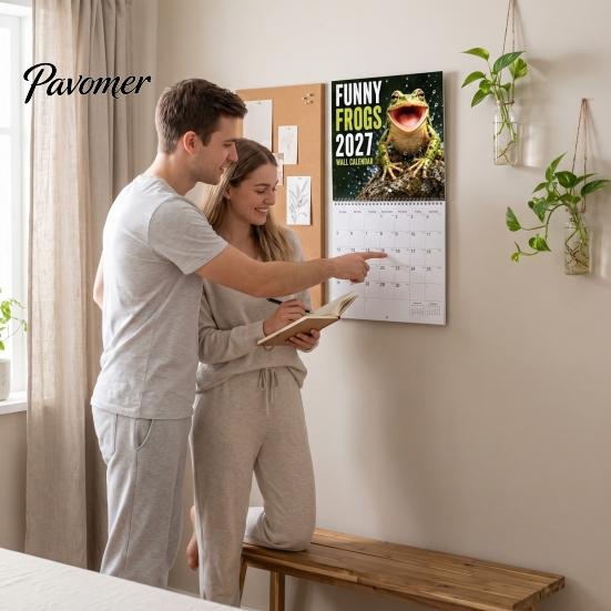 Yearly Planning Tool 2027 Funny Frog Wall Calendar, Cute Animal Illustration Monthly Planner Appointment for Home Office, Mark Important Dates,