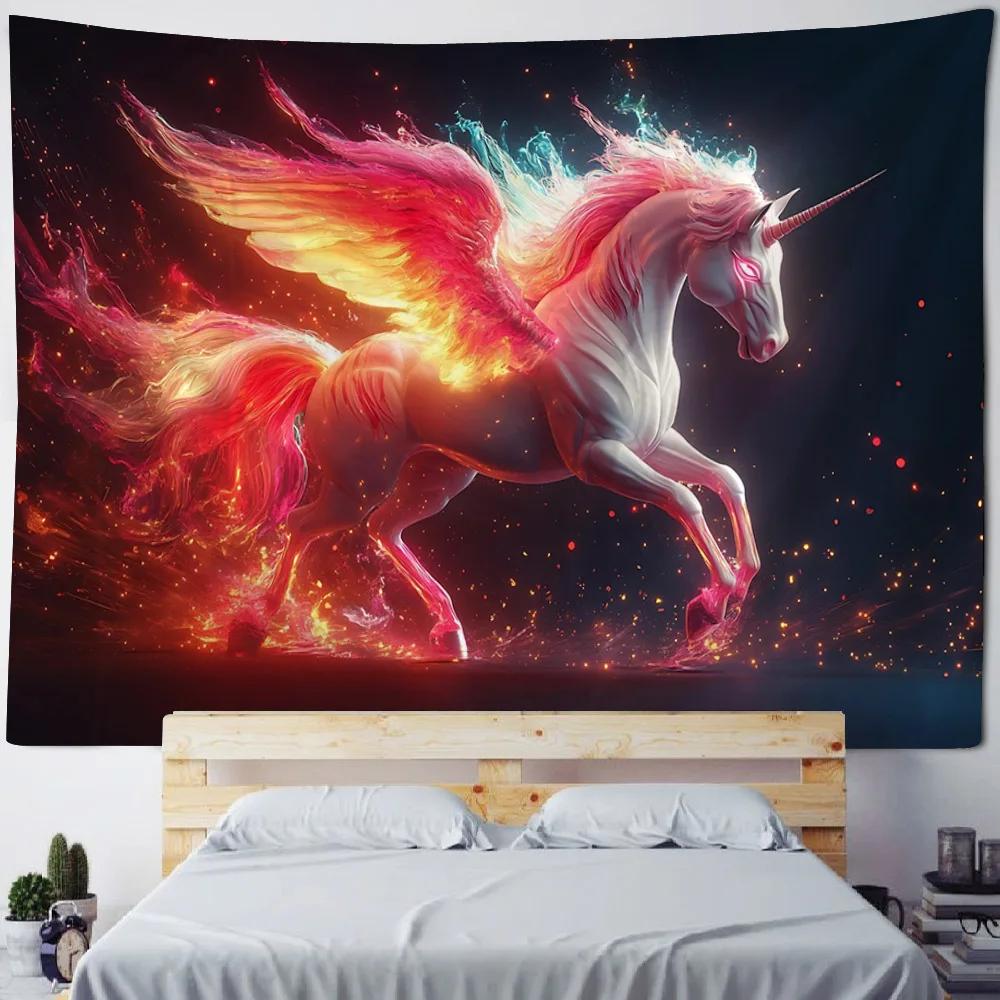 Unicorn Forest Art Tapestry Wall Hanging Starry Sky Horse Background Poster - Cartoon Home Decor Bed Sheet & Beach Mat
