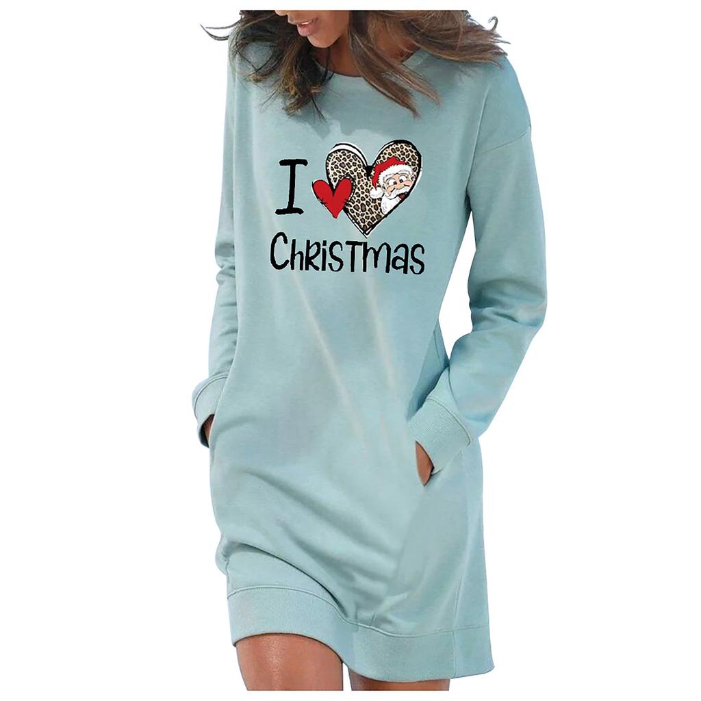 Women's Casual Solid Color Long Sleeve Round Neck Pocket Dress Merry Christmas