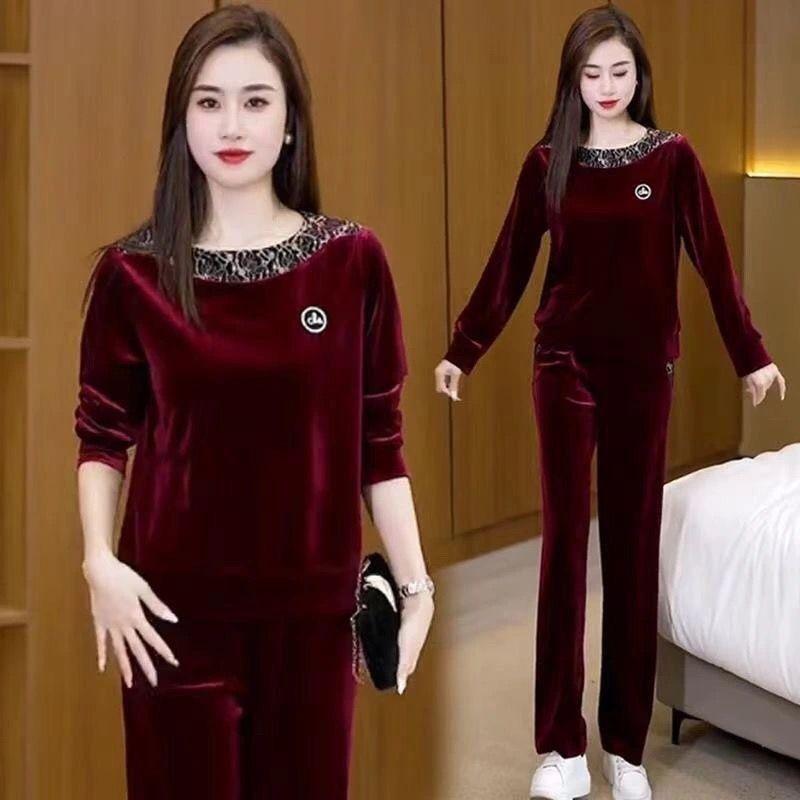 Gold Velvet Embroidery Suit for Women, Autumn and Winter Fashionable Casual Top, Straight Pants Two-piece Set