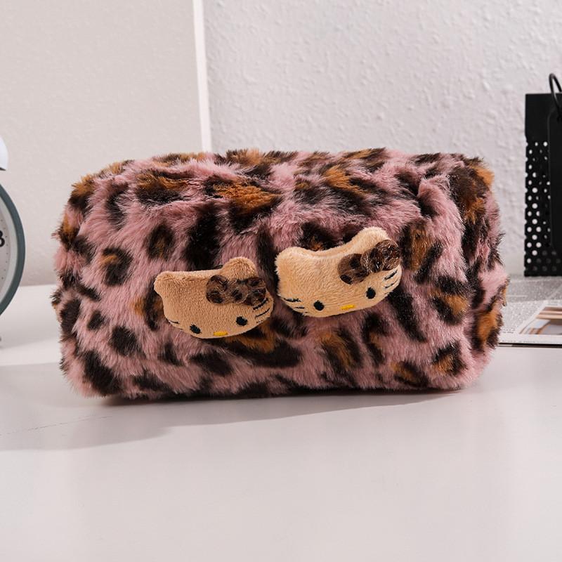 Pink Leopard Print Plush Makeup Bag With Large Capacity For Travel And Storage