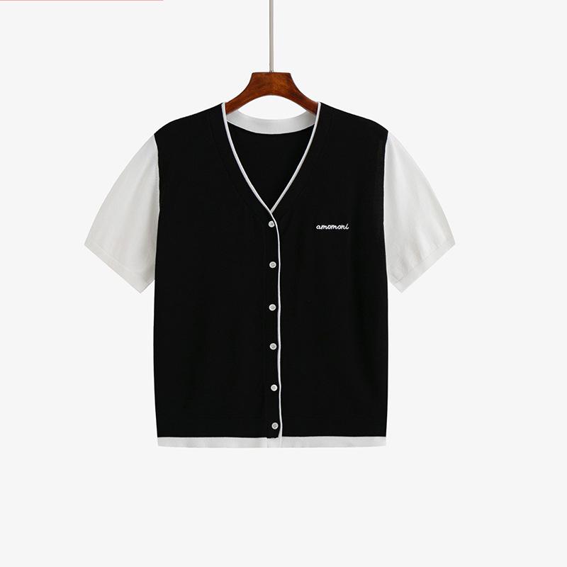 Women's Color-blocking Top Women's Embroidered Knitted Sweater Short-sleeved Cardigan