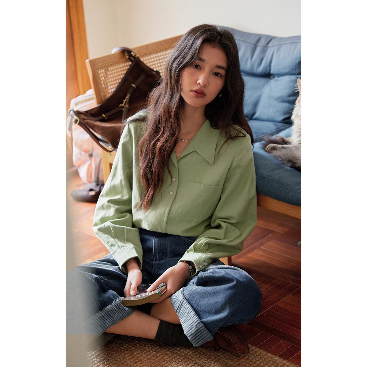 Women s Autumn/Winter French Linen Herringbone Swallow Collar Shirt M