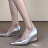 New Pointed Toe Wedge Silver Women Pumps Slip On Strange Style Heel Shallow Shoes Office Casual Women Shoes Silver Leather 6.5Cm