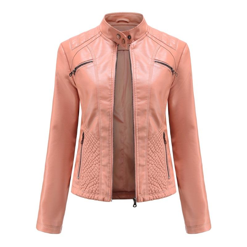 Neue Damen Freizeit Lederjacke Stehkragen Jacke Schlanke Jacke Damen Einfarbig Damen Lederjacke