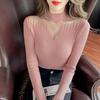 Plus Size Mesh Patch Lace Semi High Neck Knit Top Women Layer Sweater Autumn Winter Long Sleeve Base Layer