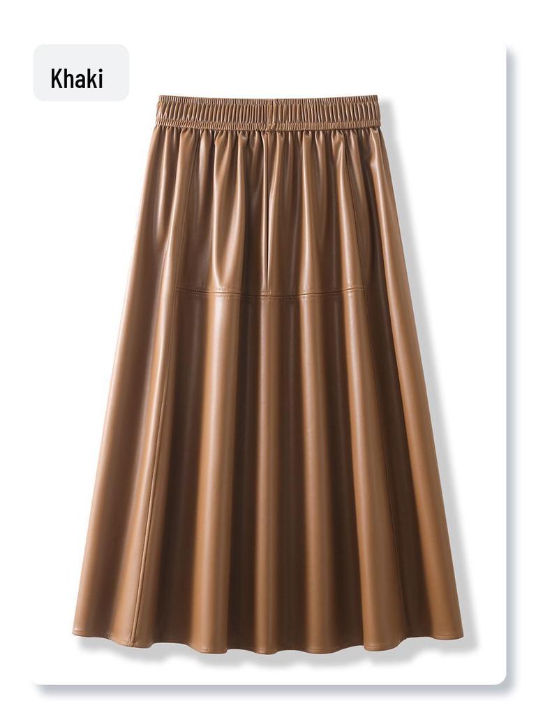 Coffee PU Leather Elastic Waist A-Line Pleated Midi Skirt - Women's 2024 Spring/Autumn Style