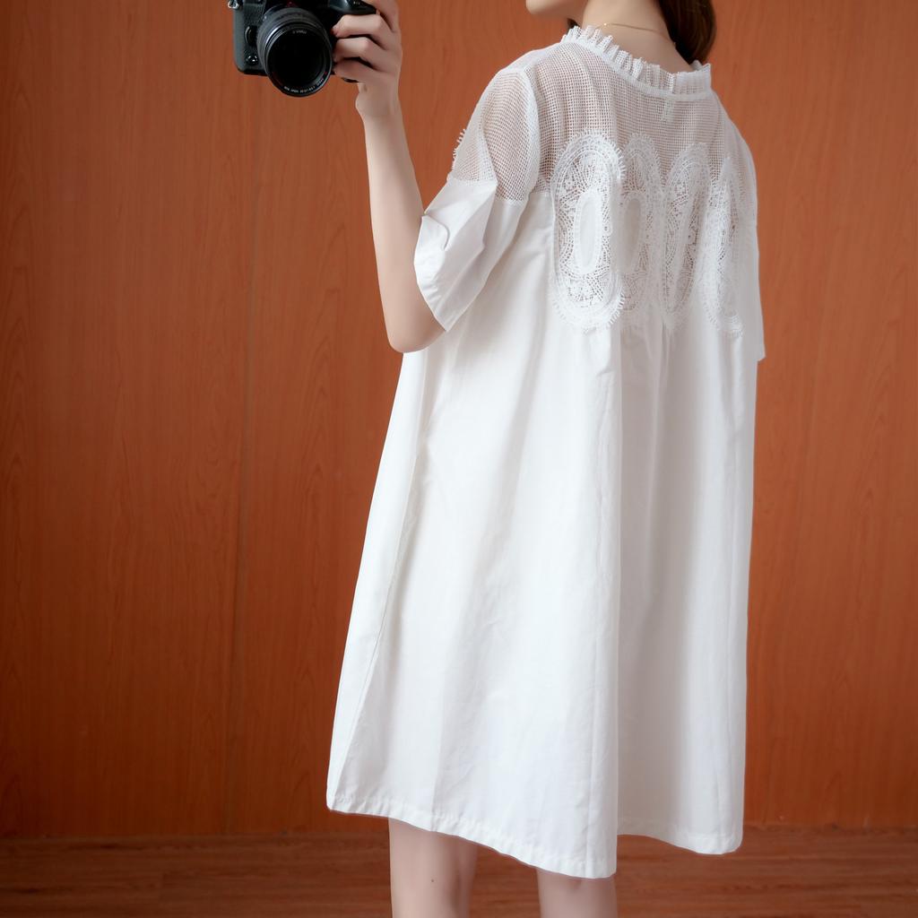 Western Style Plus Size Women's Summer Dress Fat Sister Lace Mesh Stitching Short Sleeves