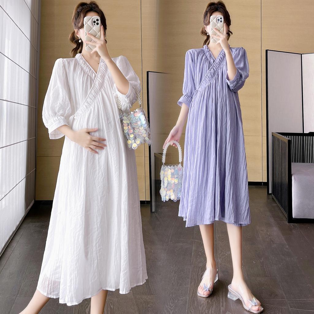 Maternity Summer Dress Fashionable Stylish Mom V-Neck Mid-Length Skirt Spring Summer Loose Maternity Dress