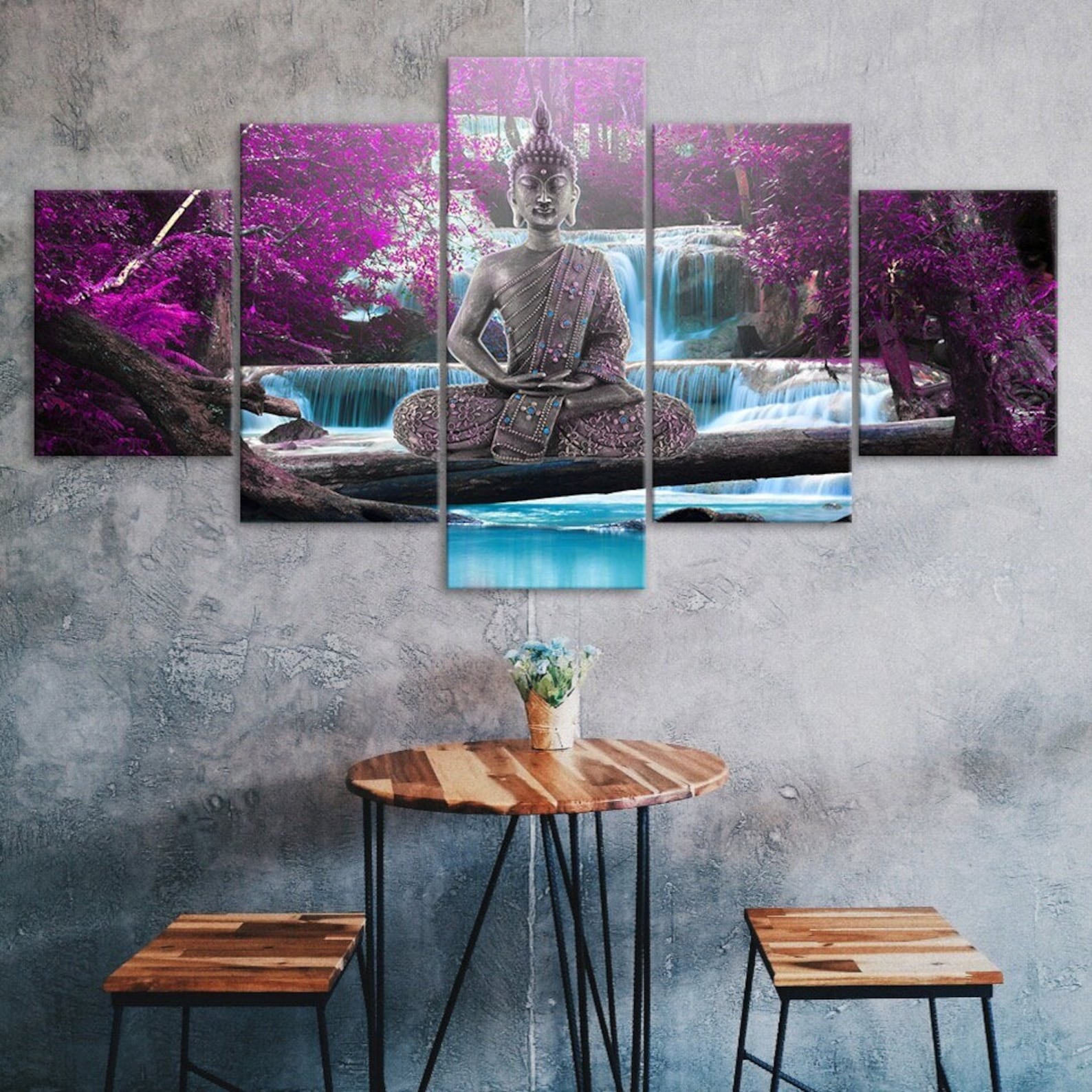 

Buddha Waterfall Purple Tree Scene Canvas 5 Piece Five Panel Wall Print Modern Art Poster Picture Home Decor Gift For Him For Her 20X35 20X45 20X55CM