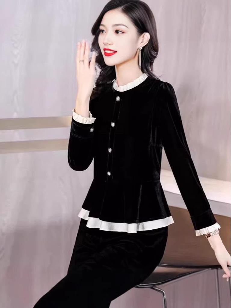 Women's Velvet Stand Collar Top – Elegant Slimming Long Sleeve for Autumn/Winter 2026
