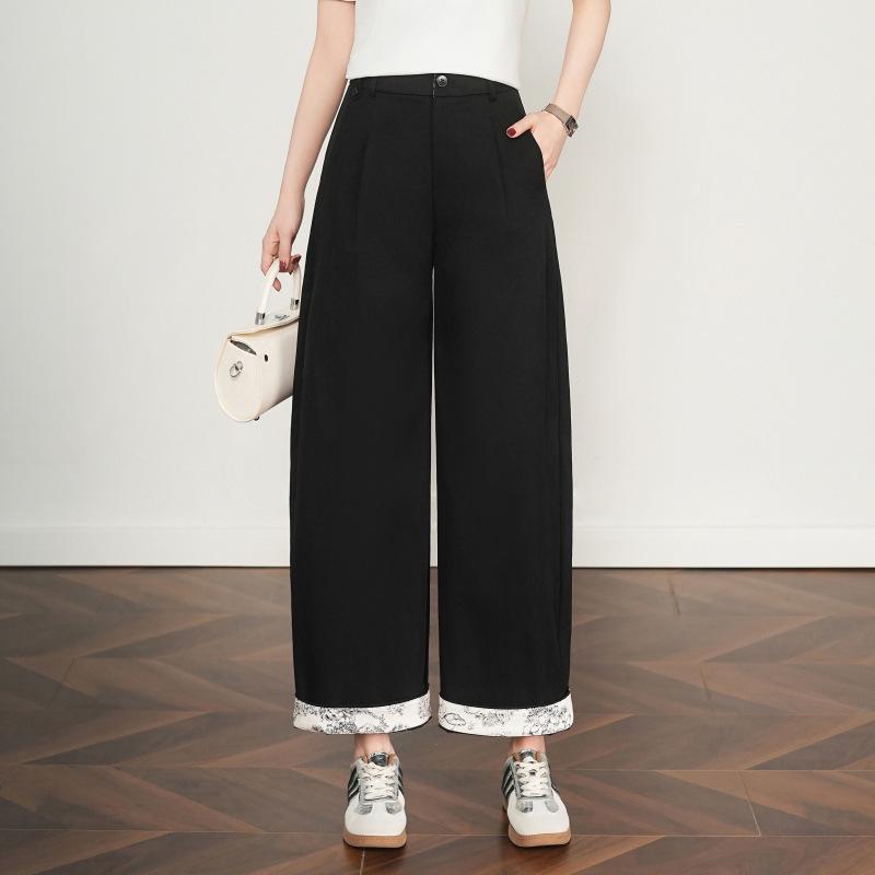 2026 Spring/Autumn Women's High-Waisted Wide-Leg Color Block Lace Casual Pants, Plus Size
