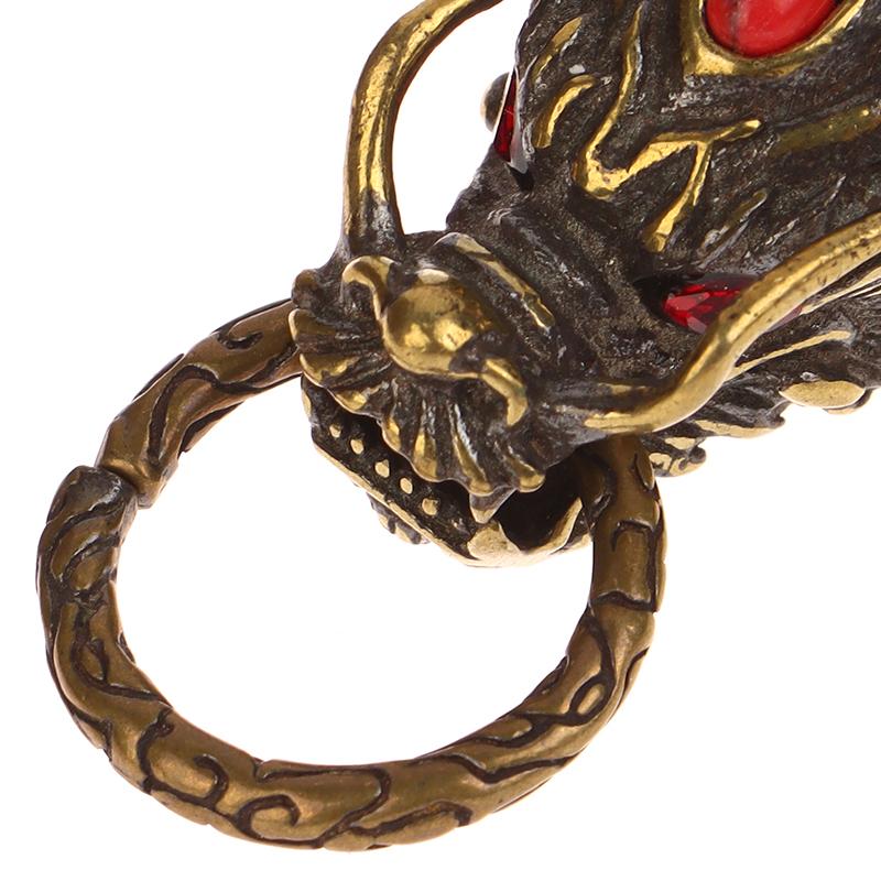 Pure Brass Red Eyes Dragon Head Keyrings Zodiac Dragon Keychain Vintage Muži Přezka v pase Přívěsek na klíče od auta Přívěsek na klíče Dárky Řemesla