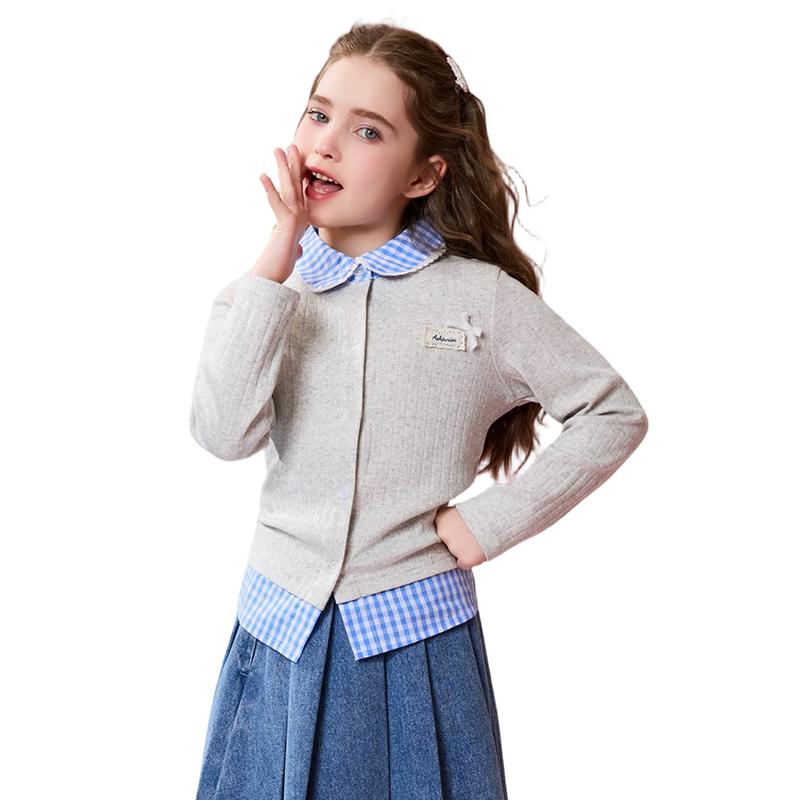 ASK JUNIOR Girls Plaid Knit Spliced Jacket 160