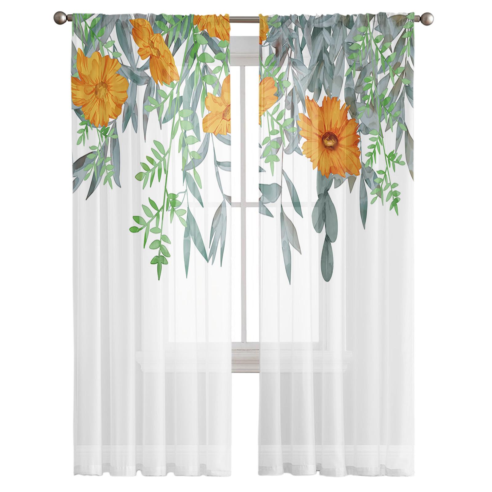 Растения Цветы Акварель Оранжевый Зеленый Прозрачная Занавеска Для Окна Тюлевые Шторы — фото 2