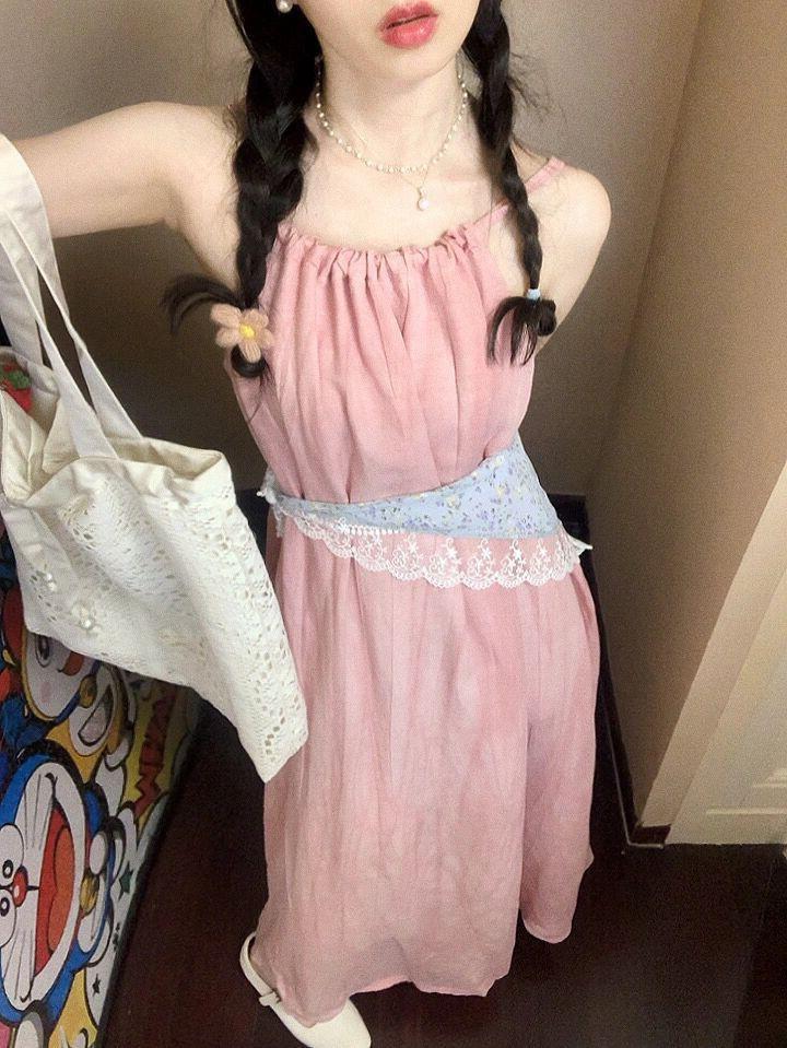 Pink suspender long dress women's summer new seaside vacation beach dress neck design niche skirt