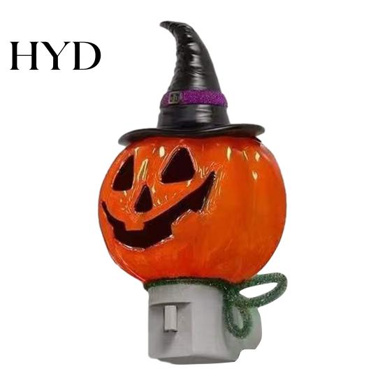 Festive Accent Light Halloween Pumpkin Ghost Night with Witch Hat, Resin Soft Glow Gift for Plug-in LED Bedroom Light, Spooky Wall Sconce Party Home