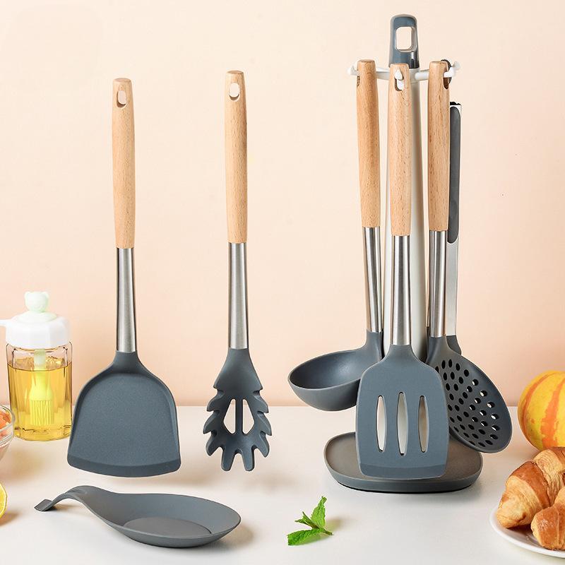 8 PCS Silicone Cooking Kitchen Utensil Set Wooden Handle Kitchen Baking Tools Kitchenware Accessories Storage Bucket
